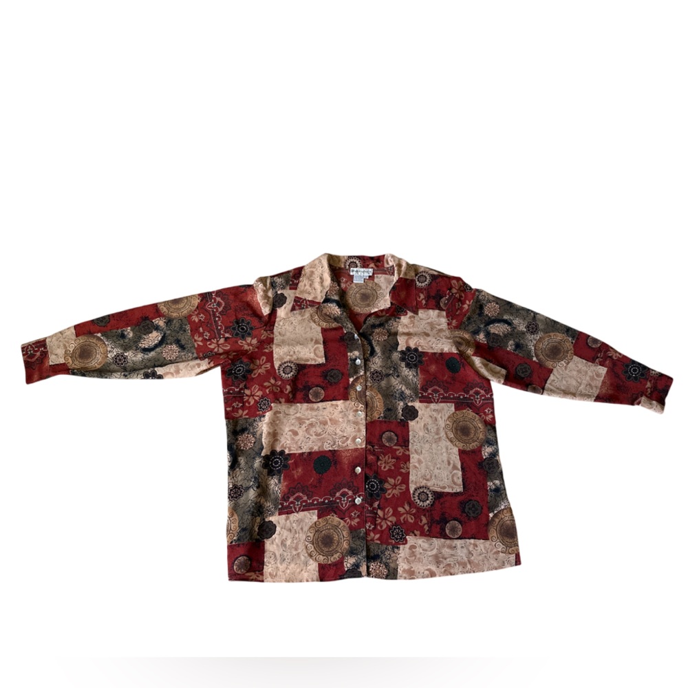 Patchwork Print Button Down Shirt Long Sleeve Boh… - image 7